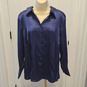 NWT Lane Bryant Navy Button Down Satin Shirt 14/16